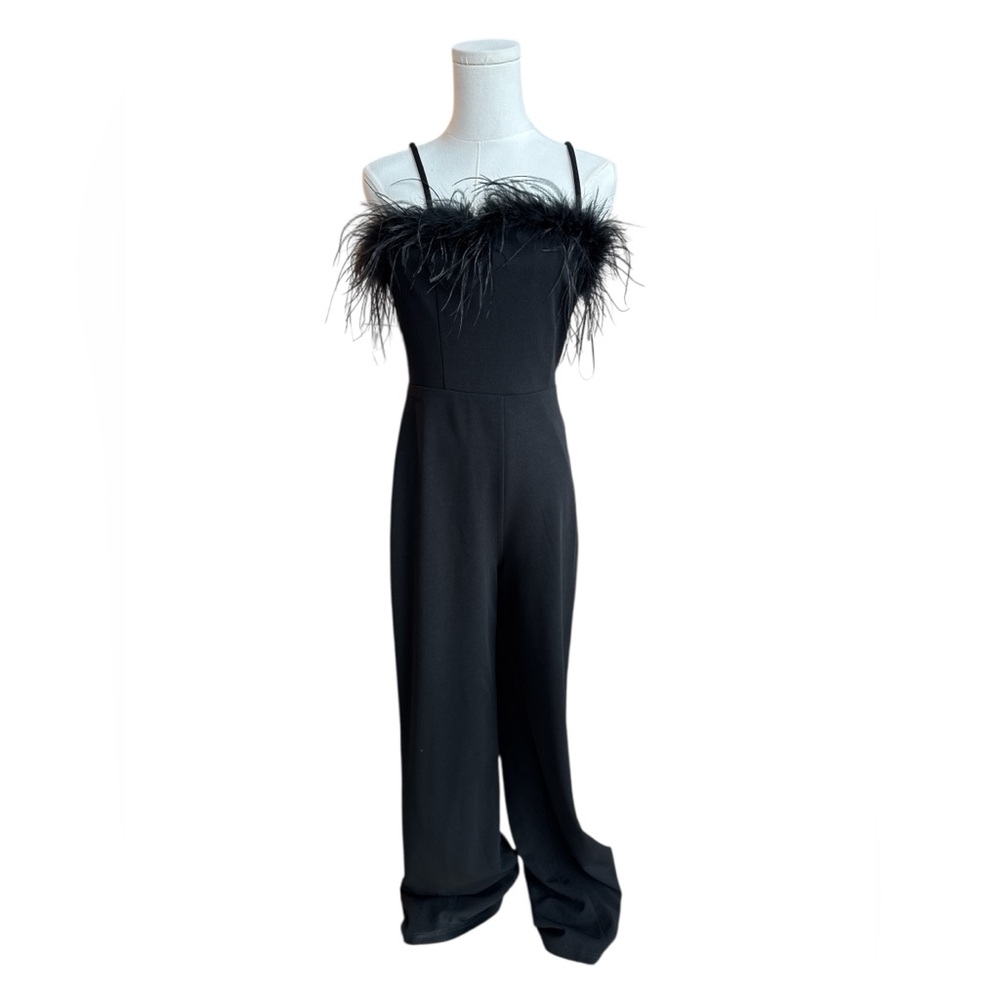 TD7 Black jumpsuit with feather trim size small